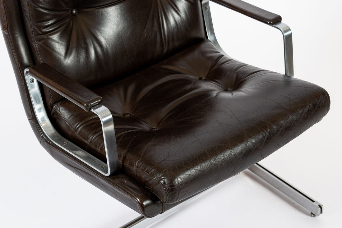 Mid Century French Brown Leather Lounge Chairs by Raphael Raffel 1970s