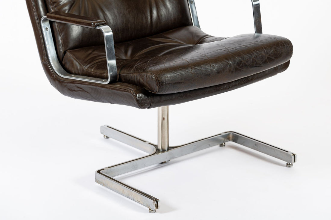 Mid Century French Brown Leather Lounge Chairs by Raphael Raffel 1970s