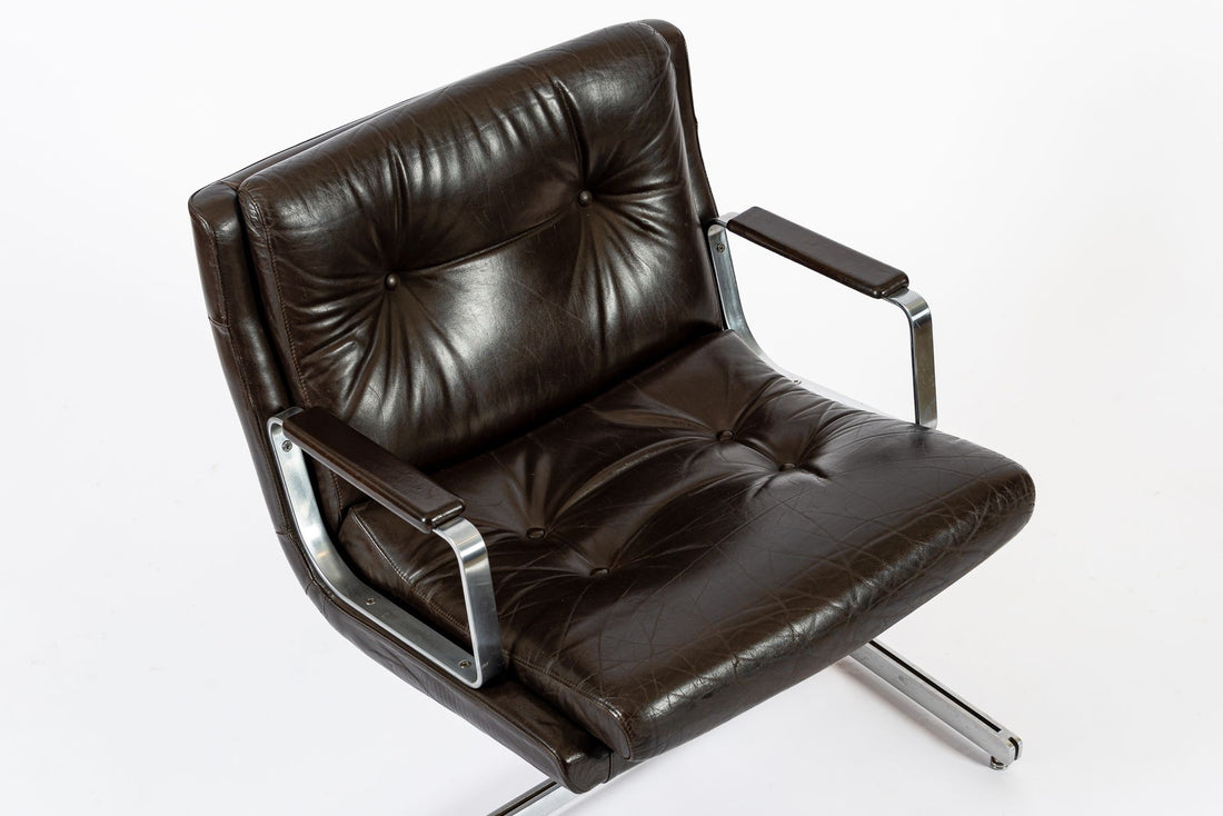 Mid Century French Brown Leather Lounge Chairs by Raphael Raffel 1970s