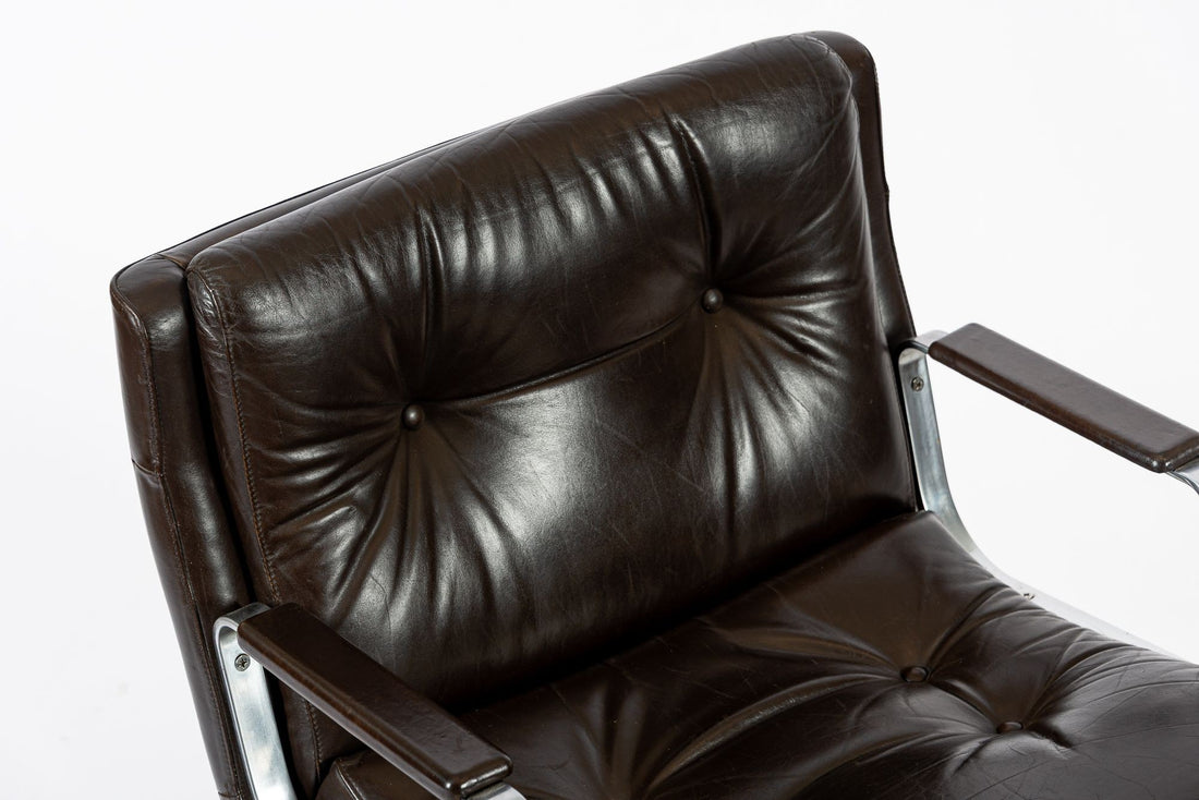 Mid Century French Brown Leather Lounge Chairs by Raphael Raffel 1970s