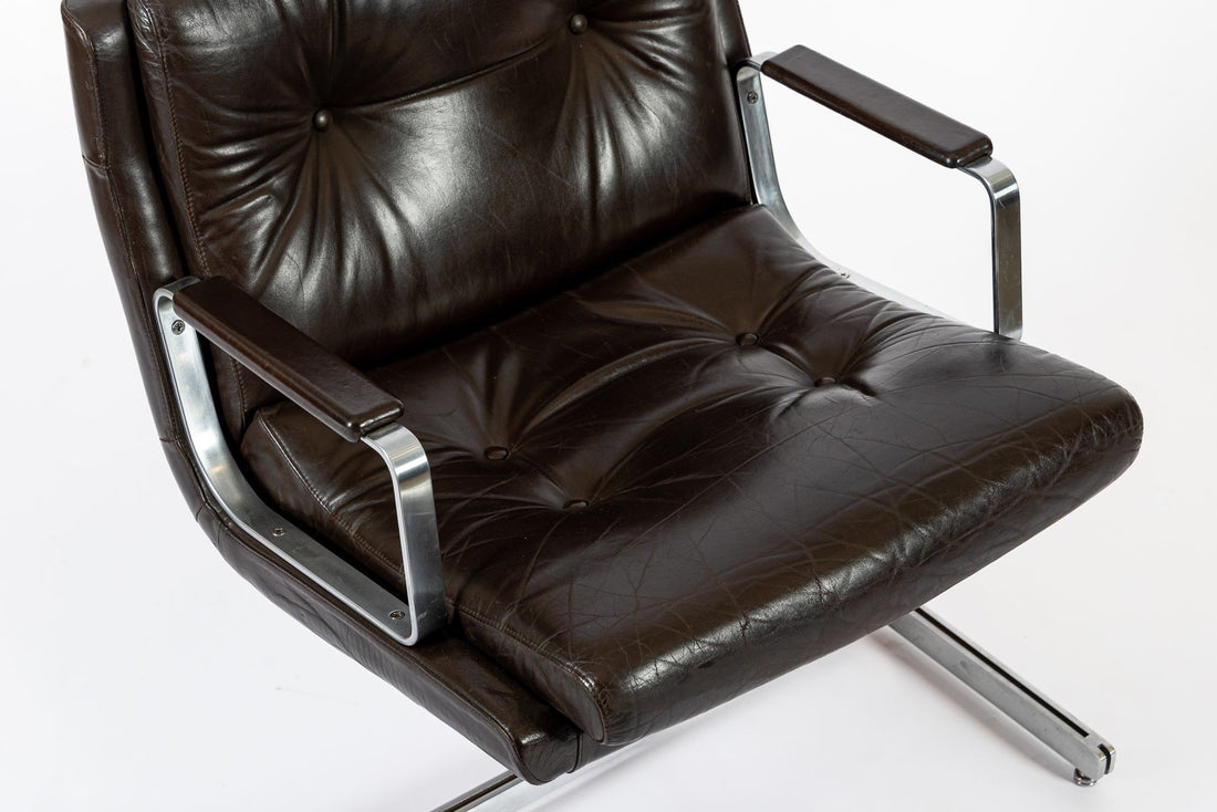 Mid Century French Brown Leather Lounge Chairs by Raphael Raffel 1970s