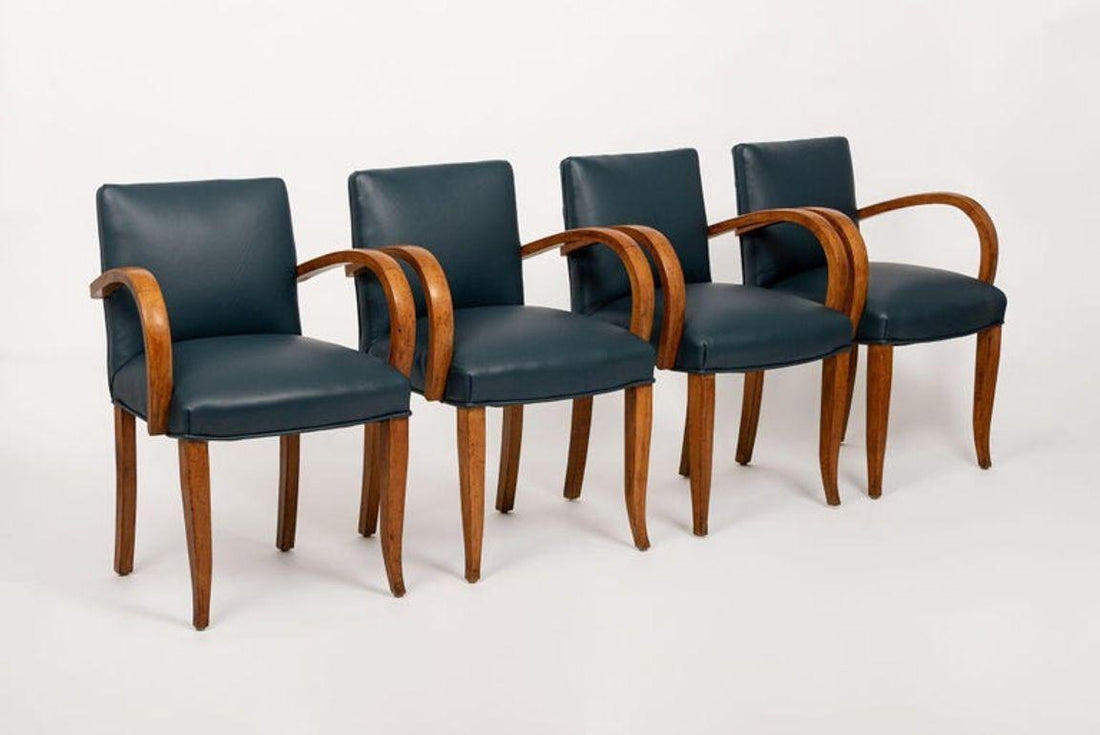 Antique Art Deco Maple Bentwood and Blue Leather Dining Chairs 1930s