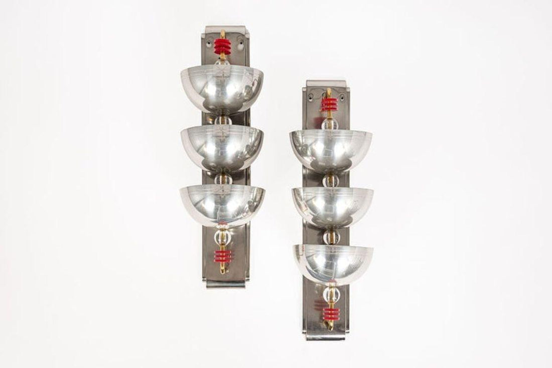 Antique Art Deco Large Silver Metal Wall Sconce Lamps, 34”