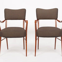 Pair of Mid Century Modern Wood & Brown Upholstered Arm Chairs, 1950s