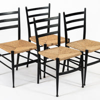 Vintage Mid Century Black Wood and Rush Wicker Dining Chairs