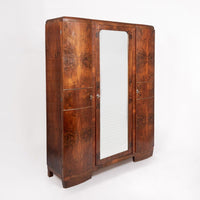Antique Art Deco Burl Wood Mirrored Armoire Cabinet, 1930s