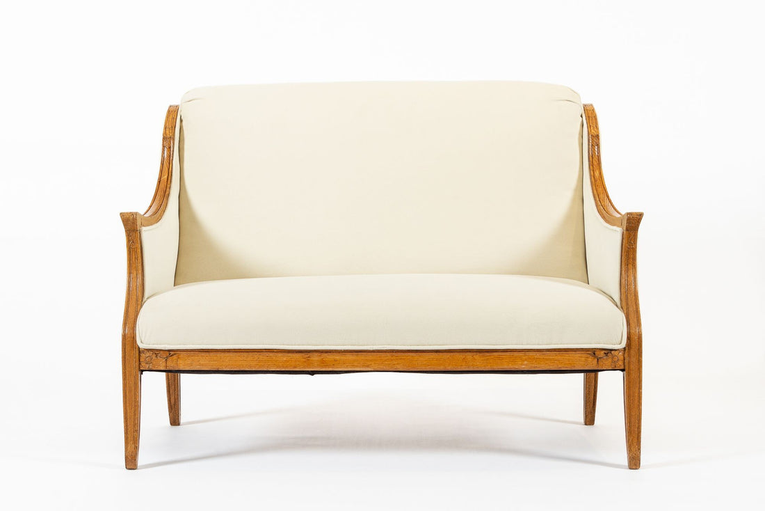 1940s Antique French Art Deco Two-Seat Loveseat Sofa Cream Upholstery