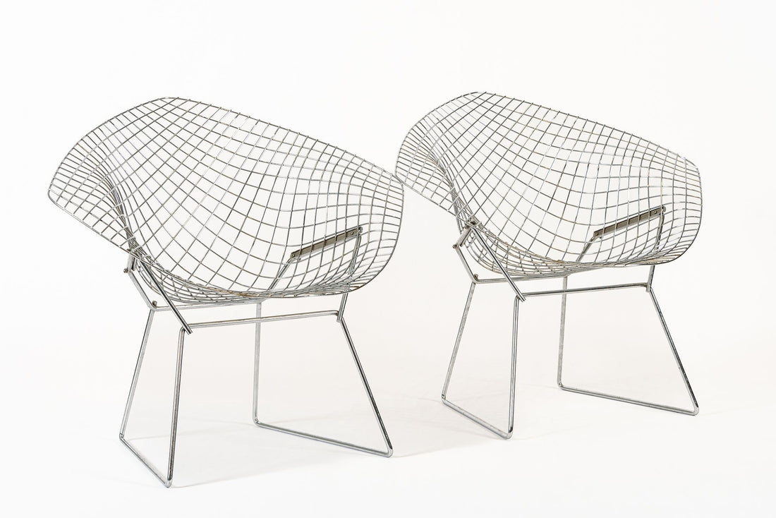 Mid Century Silver Diamond Wire Lounge Chairs by Harry Bertoia for Knoll