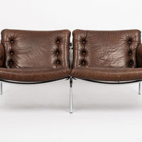 Vintage Mid Century Brown Leather Loveseat Sofa 1970s