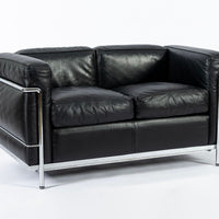 Authentic Cassina LC2 Black Leather Two-Seat Sofa by Le Corbusier 1994