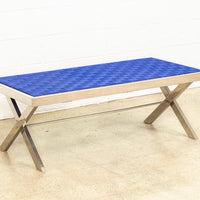Mid Century Modern Chrome and Blue Strap Bench Milo Baughman Style