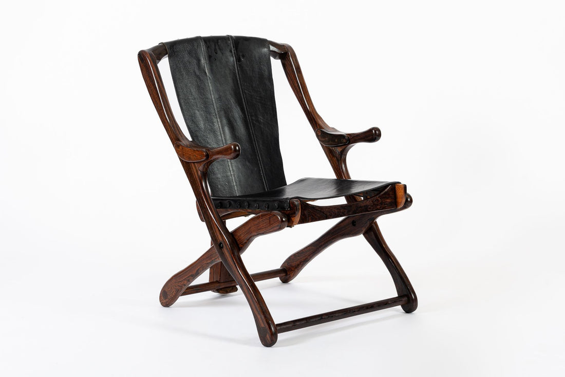 Mid Century Rosewood & Black Leather Folding Lounge Chair by Don Shoemaker