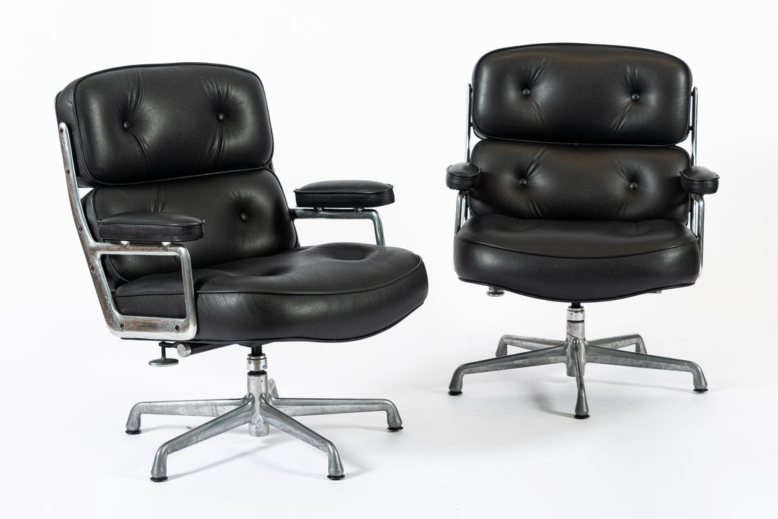 Pair Eames Herman Miller Time Life Black Leather Office Chairs