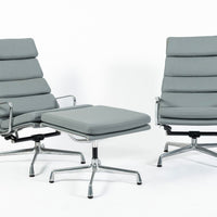 Pair Eames Soft Pad Recliners with Ottoman for Herman Miller, Gray Leather Aluminum Group