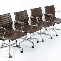 Set of 4 Eames Thin Pad Office Chairs for Herman Miller, Brown Leather Aluminum Group