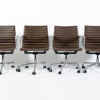 Set of 4 Eames Herman Miller Office Chairs, Brown Leather Thin Pad Aluminum Group
