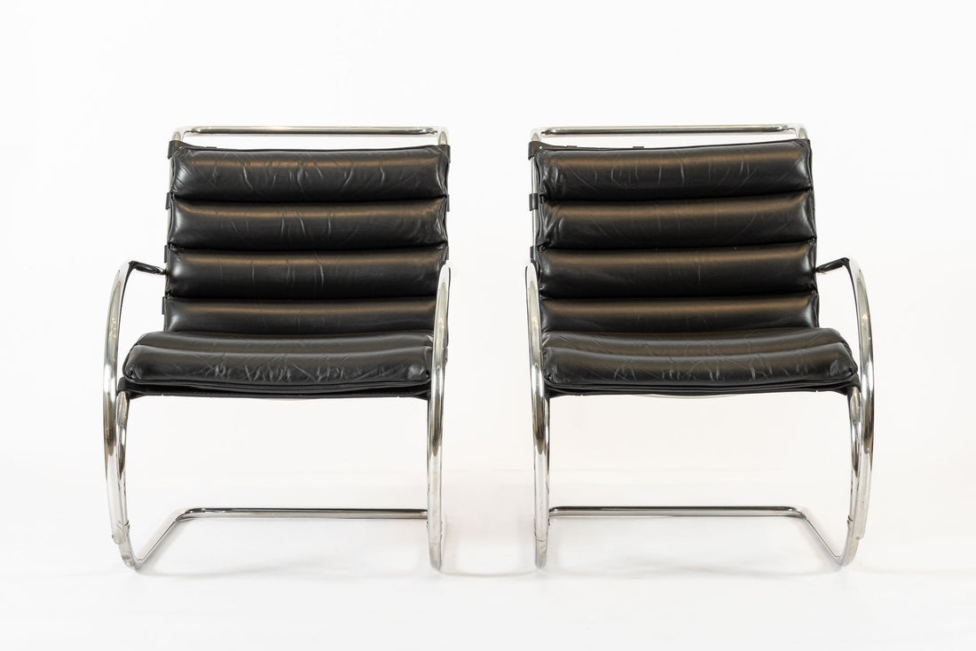 Mid Century MR Black Leather Arm Chairs by Mies van der Rohe for Knoll