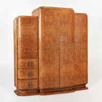 Antique Art Deco Elm Wood Mirrored Armoire Cabinet, 1940s