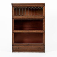 Antique Three Shelf Wood Barrister Bookcase Cabinet with Leaded Glass