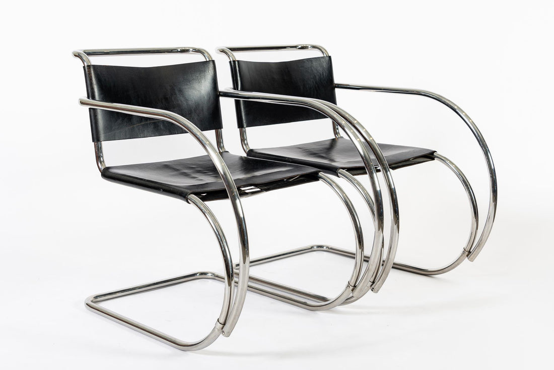 Bauhaus MR 20 Black Leather Arm Chairs by Mies van der Rohe for Knoll, 1979