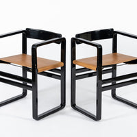 Mid Century Modern Black Lacquer and Brown Leather Arm Chairs 1970s