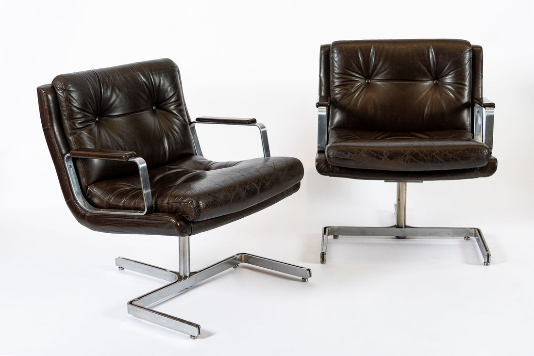 Mid Century French Brown Leather Lounge Chairs by Raphael Raffel 1970s