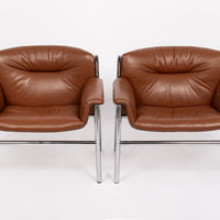Mid Century Caramel Brown Leather Lounge Chairs by Stendig 1960s