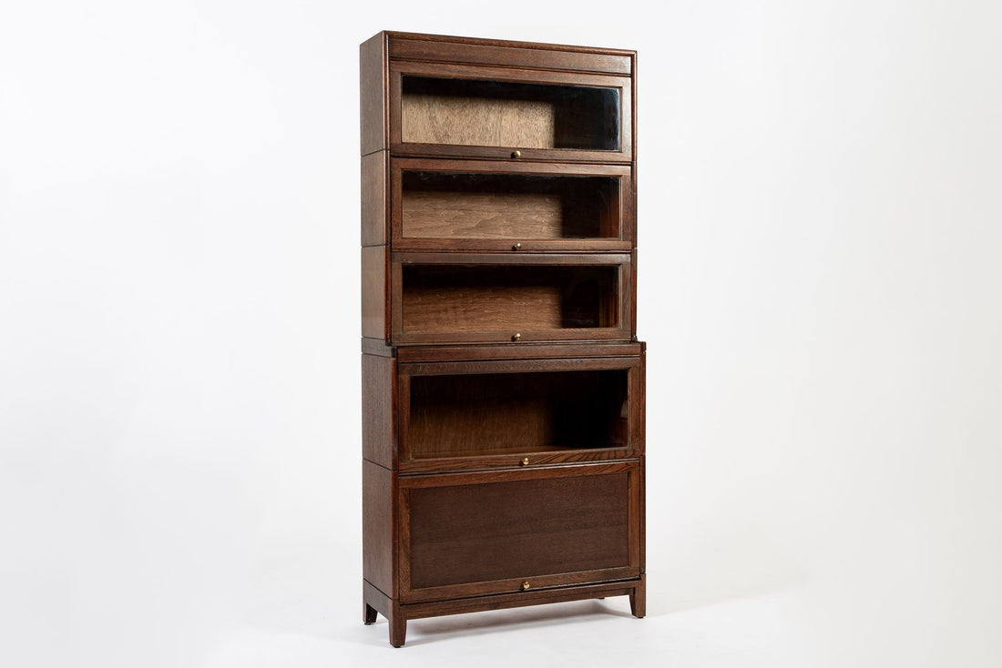 Antique English Tall Stepback Oak Wood Barrister Bookcase Cabinet