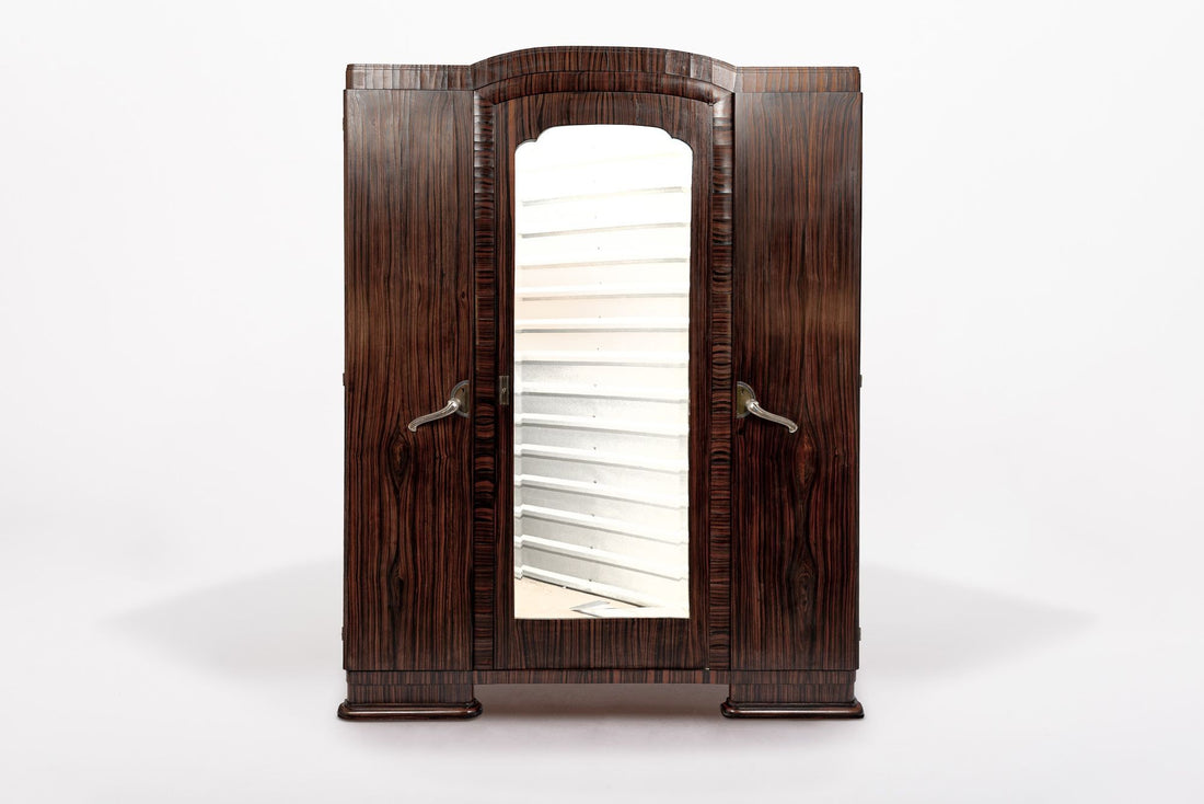 Antique French Art Deco Macassar Ebony Wood Wardrobe Armoire Cabinet, 1940s