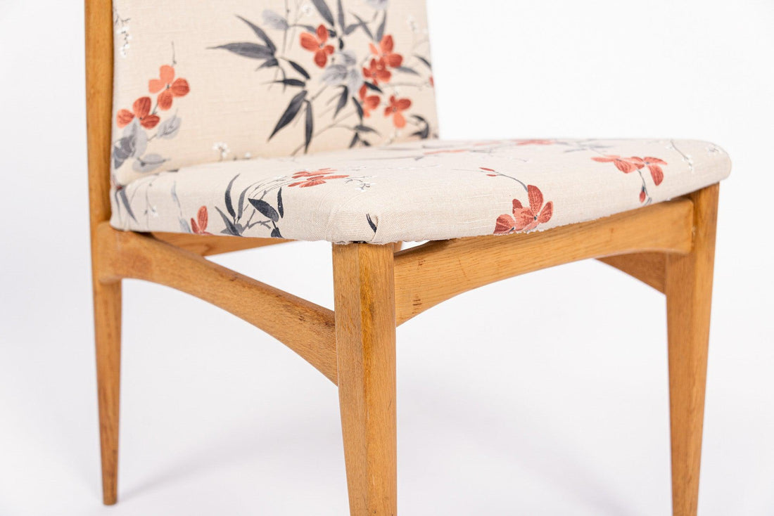 Vintage Mid Century Wood & Floral Fabric Side Chairs, 1950s
