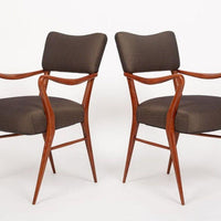 Pair of Mid Century Modern Wood & Brown Upholstered Arm Chairs, 1950s