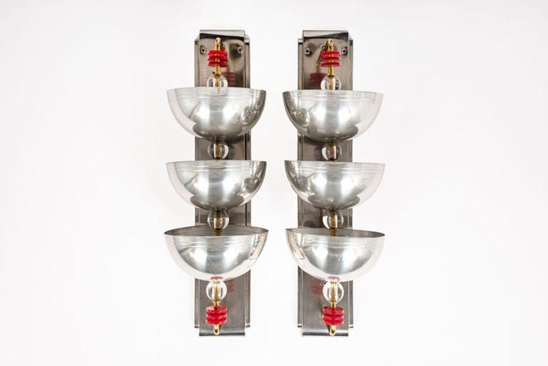Antique Art Deco Large Silver Metal Wall Sconce Lamps, 34”