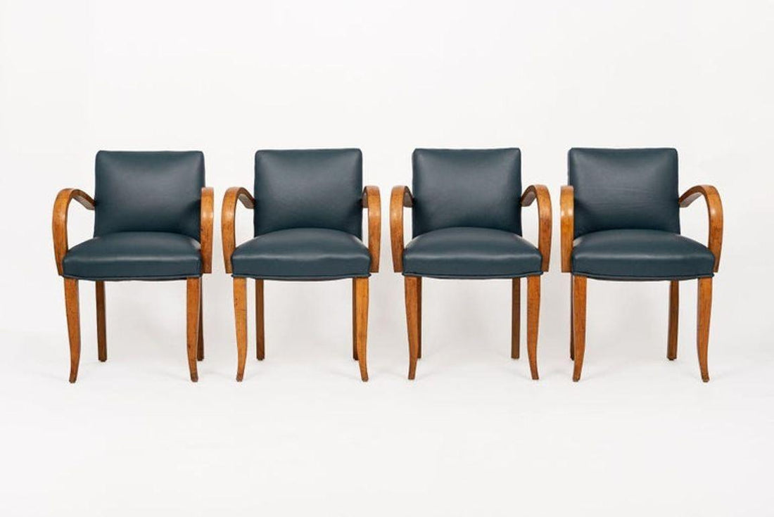 Antique Art Deco Maple Bentwood and Blue Leather Dining Chairs 1930s