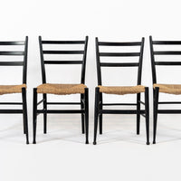 Vintage Mid Century Black Wood and Rush Wicker Dining Chairs