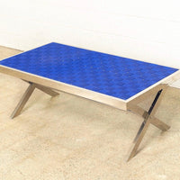 Mid Century Modern Chrome and Blue Strap Bench Milo Baughman Style