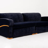 Antique Art Deco Navy Blue Velvet Sofa Couch 1940s