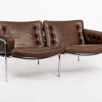 Vintage Mid Century Brown Leather Loveseat Sofa 1970s