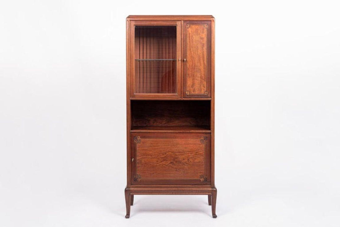 Antique Art Nouveau Inlaid Wooden Cabinet by Majorelle, France, Signed