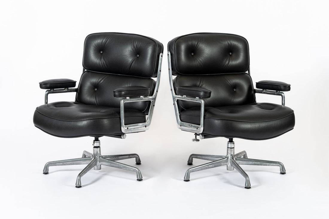 Pair Eames Herman Miller Time Life Black Leather Office Chairs