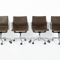 Set of 4 Eames Thin Pad Office Chairs for Herman Miller, Brown Leather Aluminum Group