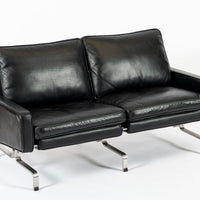Vintage Postmodern Black Leather & Brushed Steel Loveseat Sofa, 1980s