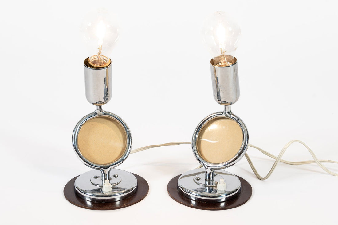 Pair Antique Art Deco Bauhaus Table Lamps with Glass Photo Inserts
