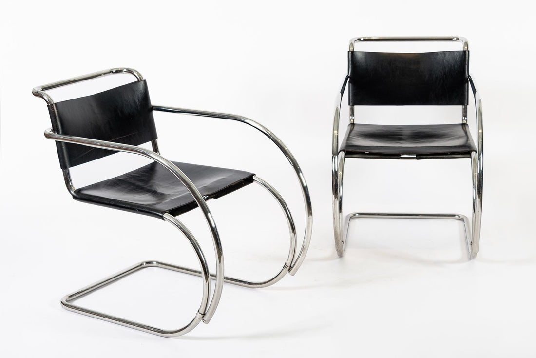 Bauhaus MR 20 Black Leather Arm Chairs by Mies van der Rohe for Knoll, 1979