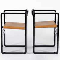 Mid Century Modern Black Lacquer and Brown Leather Arm Chairs 1970s