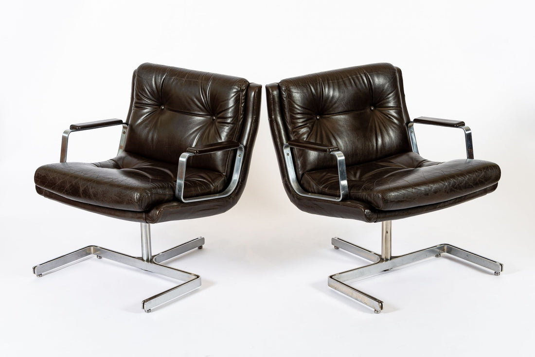 Mid Century French Brown Leather Lounge Chairs by Raphael Raffel 1970s