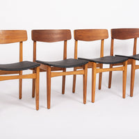 Mid Century Danish Teak Wood & Black Vinyl Dining Chairs