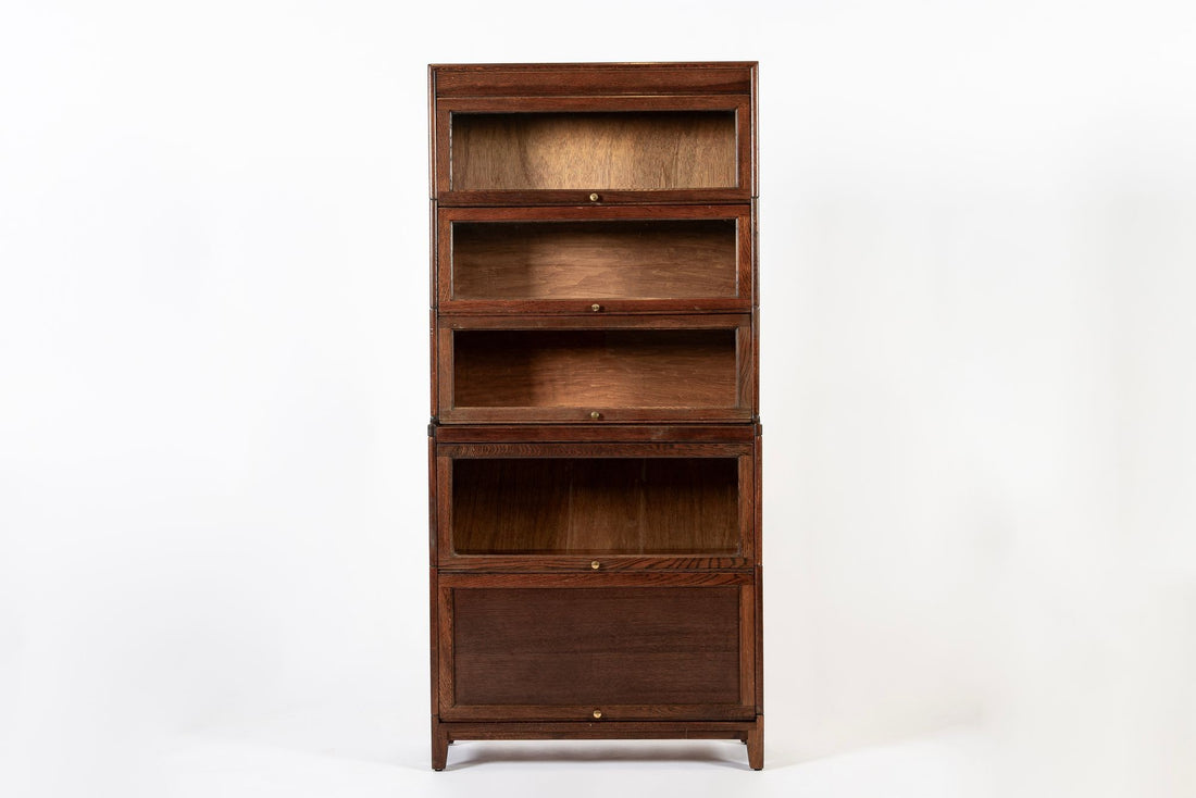 Antique English Tall Stepback Oak Wood Barrister Bookcase Cabinet