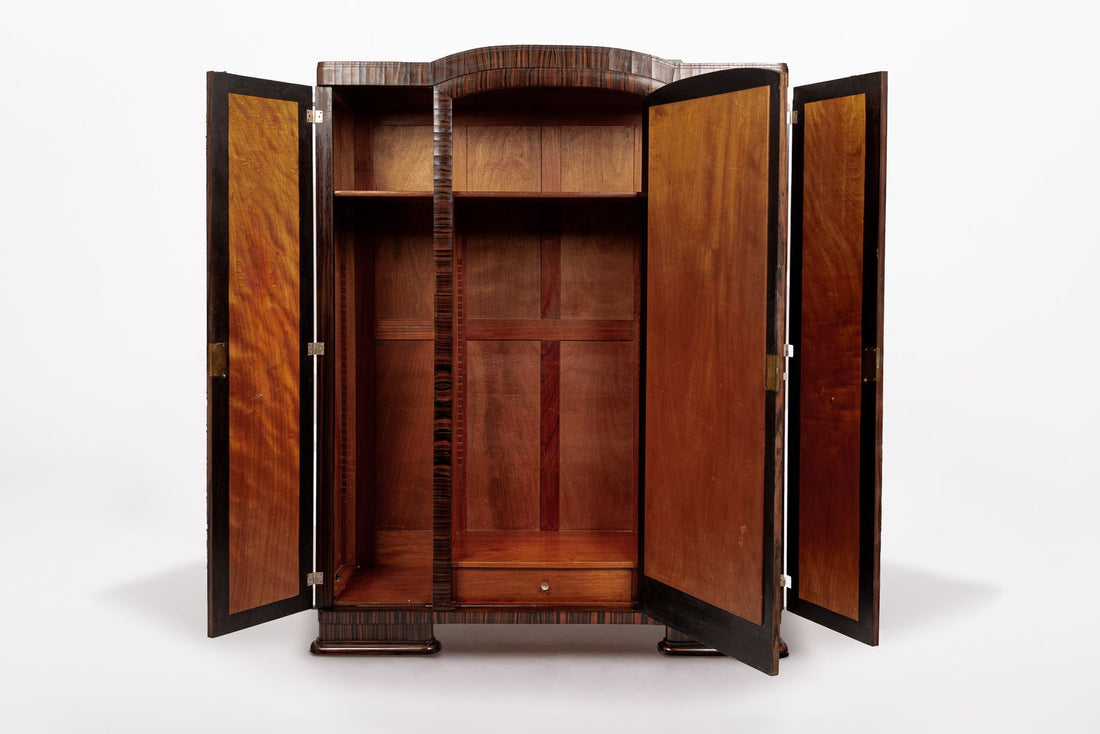 Antique French Art Deco Macassar Ebony Wood Wardrobe Armoire Cabinet, 1940s