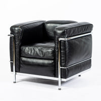 Authentic Cassina LC2 Black Leather Petit Lounge Chair by Le Corbusier, 4x Avail