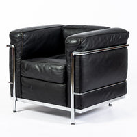 Authentic Cassina LC2 Black Leather Petit Lounge Chair by Le Corbusier, 4x Avail